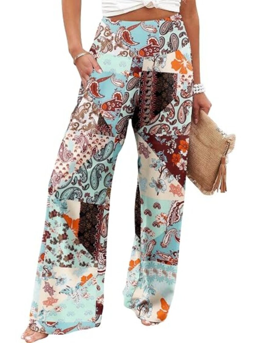 " Colorful Patchwork" LNC Stretchy Wide Leg Lounge Palazzo Pants w/Pockets 3XL